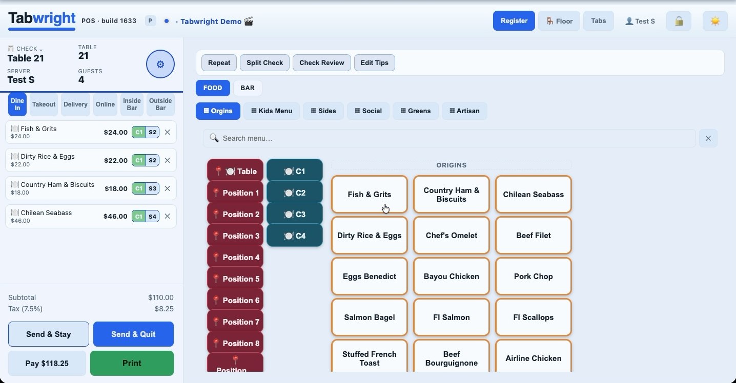 The Tabwright register on an iPad, showing a check alongside the cocktail menu and seat positions